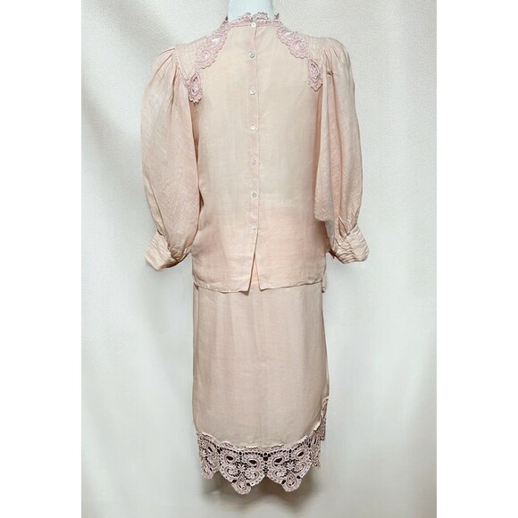 VTG 80's Capriccio by Digna Pink 100% Linen Blouse Skirt Set Victorian Lace Sz 6 - Picture 8 of 16